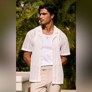 NWT Mauvais Men's Elegant White Cut Out Pattern Button Down Shirt Size 2XL $85